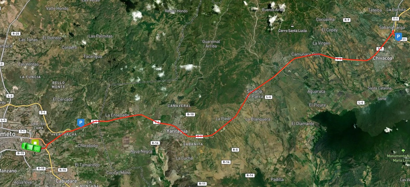 Mapa con el recorrido completo de un viaje largo trazado sobre la ruta